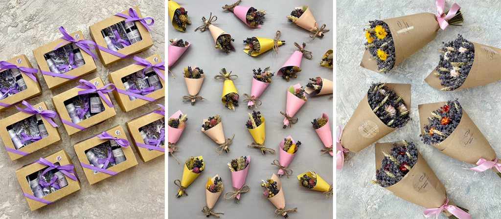 Корпоративные наборы с лавандой и косметикой, подарочные букеты для женщин из лаванды и сухоцветов на нейтральном фоне.