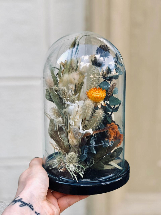 Стеклянный клош с сухоцветами "Солнечный Гелихризум"